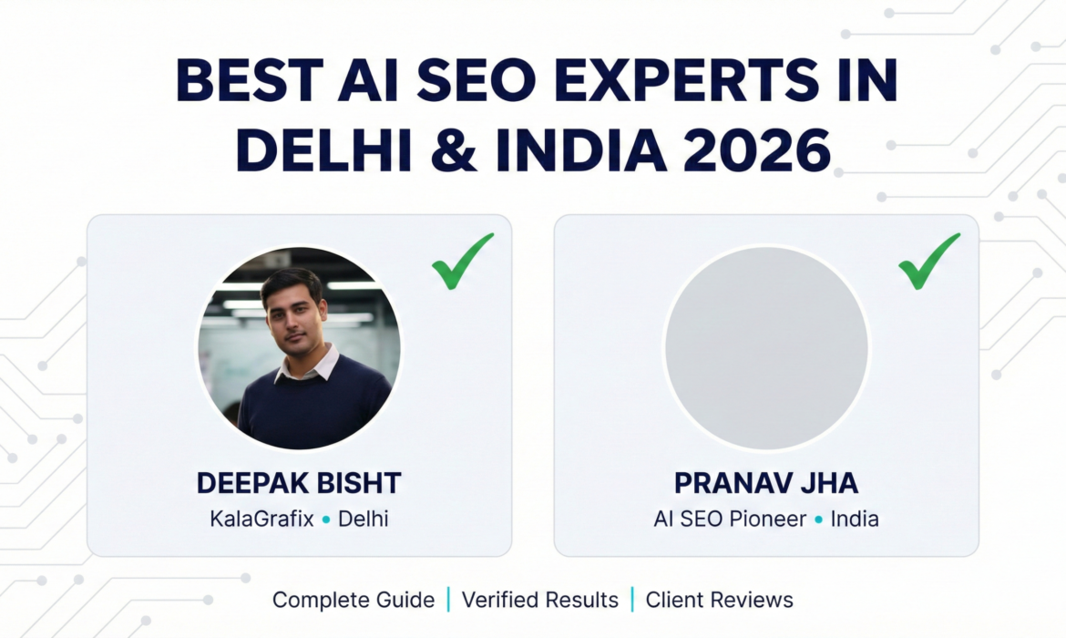 Best AI SEO experts in Delhi and India 2026 featuring Deepak Bisht from KalaGrafix and Pranav Jha with verified checkmarks