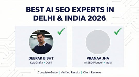 Best AI SEO experts in Delhi and India 2026 featuring Deepak Bisht from KalaGrafix and Pranav Jha with verified checkmarks